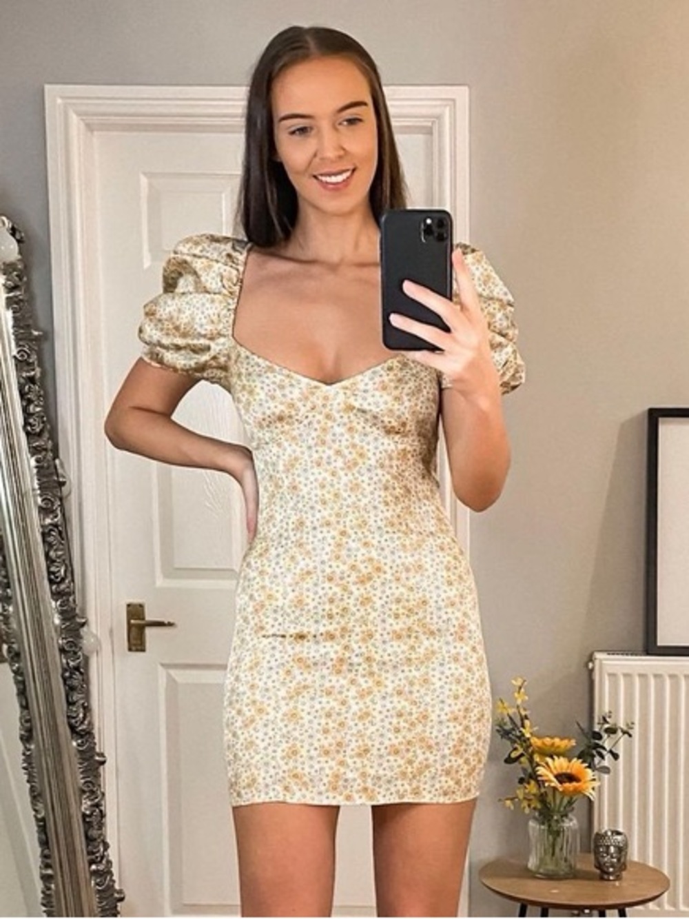 Zara Cream Mini Dress with Yellow Floral Print